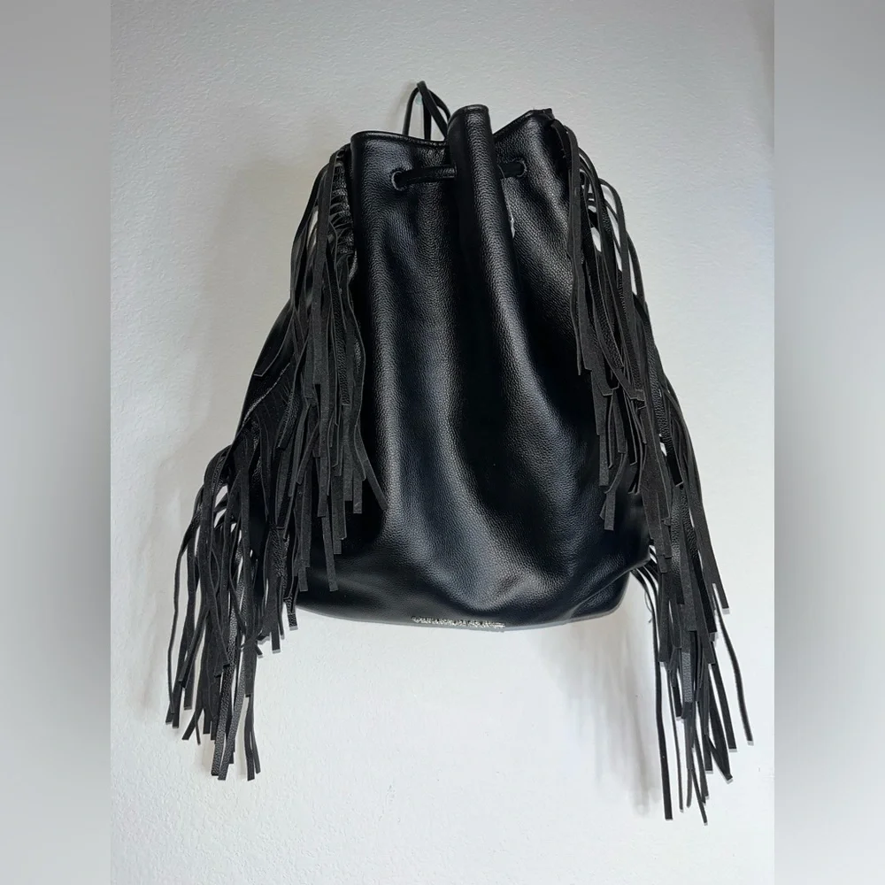 Victoria's Secret Fringe Bucket Bag Drawstring Black Faux Leather Large NWOT - Picture 5 of 16